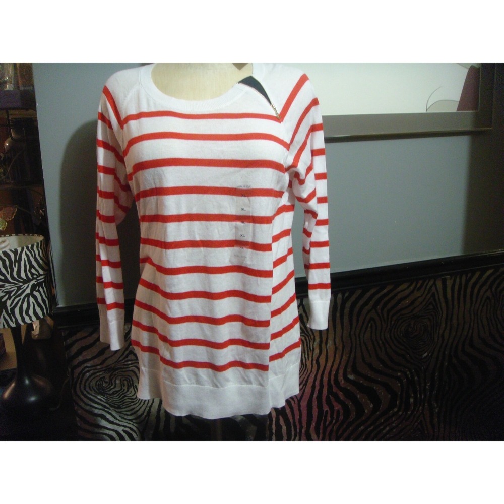 Nautica Womens XL red white stripe light weight sweater‎ shirt top shoulder zip